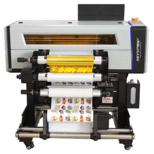 REVOPRINT UV Printer R420 for roll-to-roll UV DTF printing with metallic foil effects in gold, silver, red, blue, and more